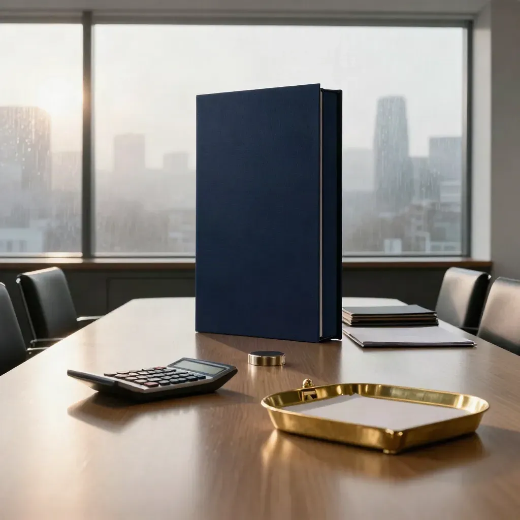 Empty London boardroom with navy board packs, calculator, brass paperweight and sunrise haze