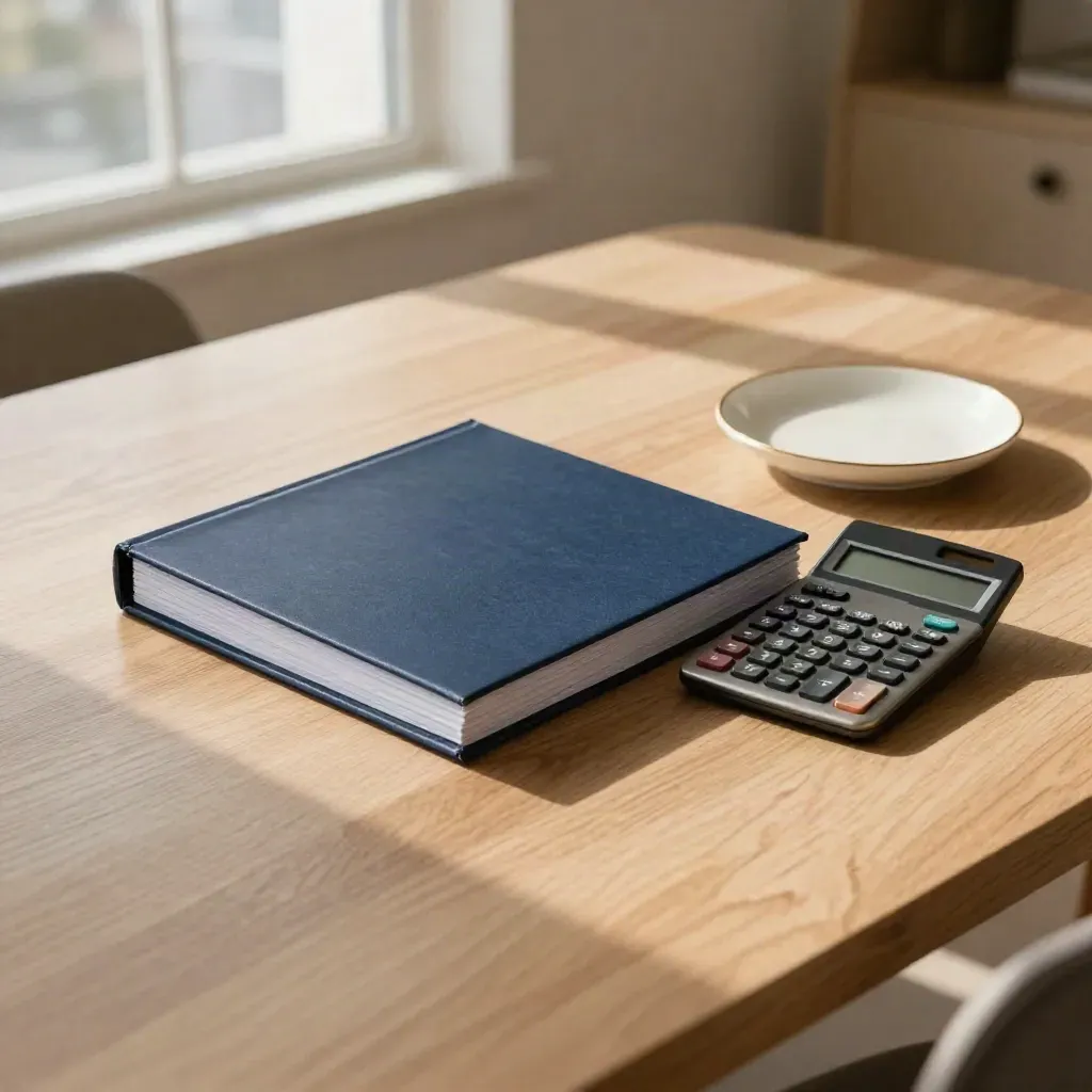 Oak finance table with dossier, calculator and ceramic dish in soft morning light
