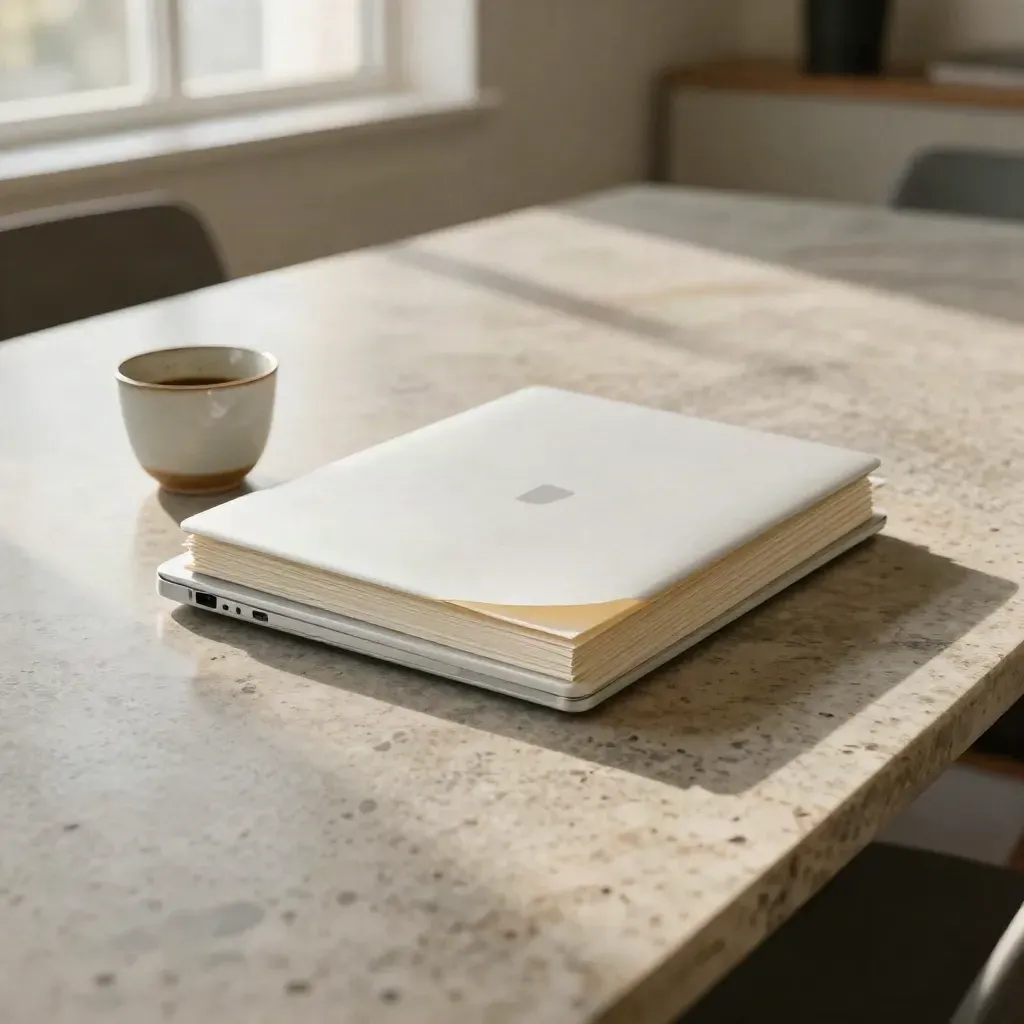 Slim investor update pack, closed laptop and ceramic cup on a long travertine boardroom table