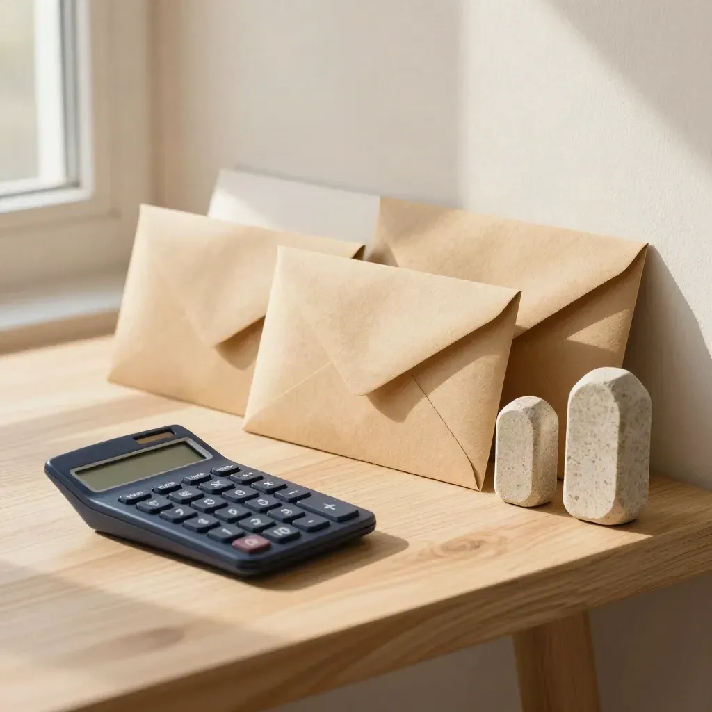 Budget envelopes, calculator and stone markers on a pale oak ledge in warm morning light.