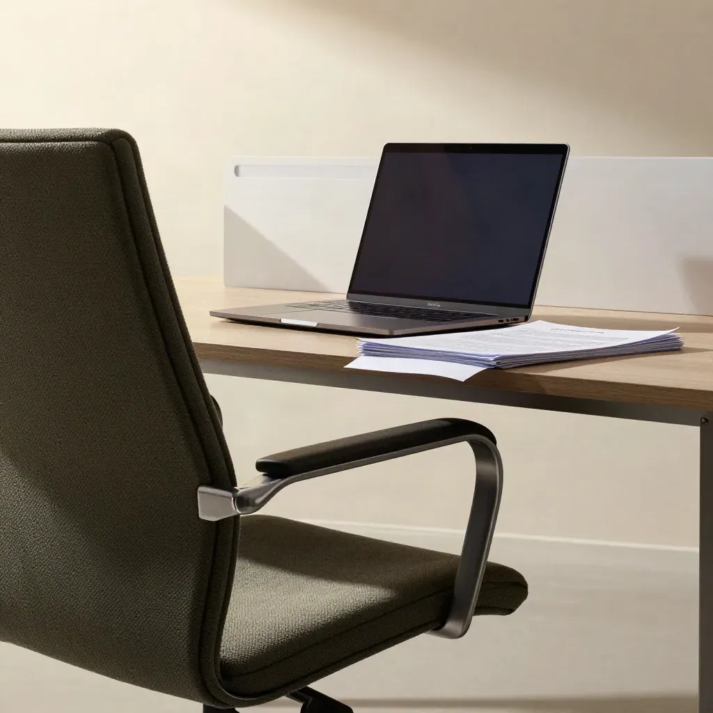 Chair-side laptop and clipped files in a quiet London deal room, caught in motion.