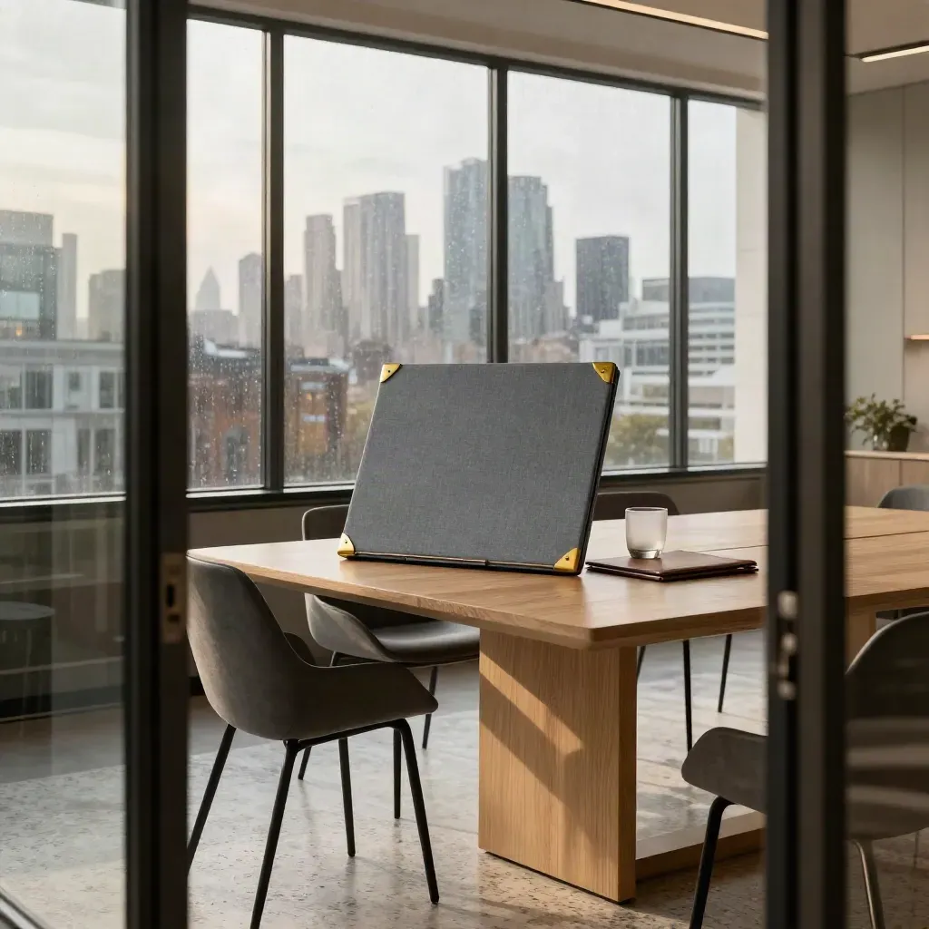 Glass meeting room with closed board pack, oak table and London skyline beyond rainy windows.