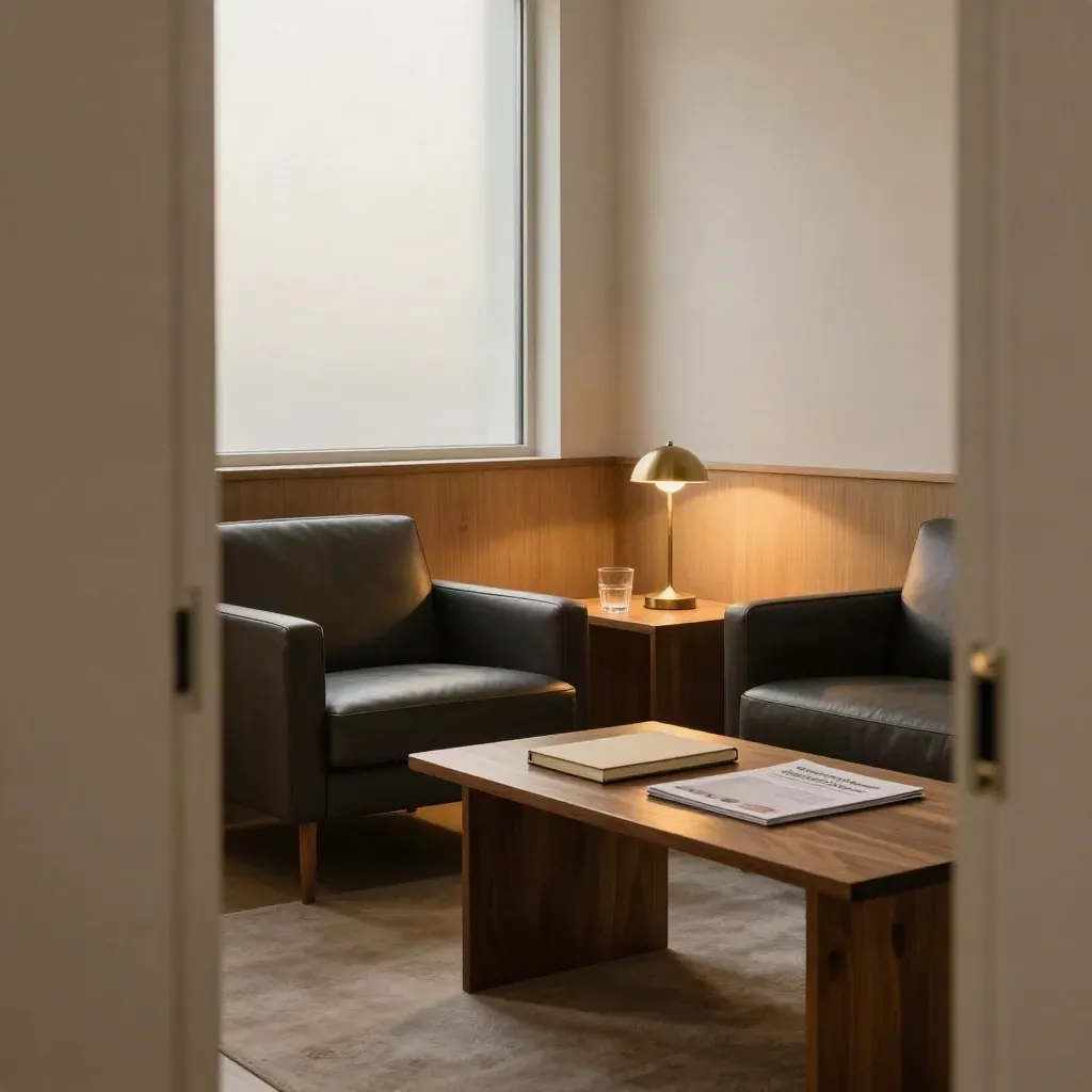 Empty advisory room corner with two chairs, a closed notebook and brass lamp glow.