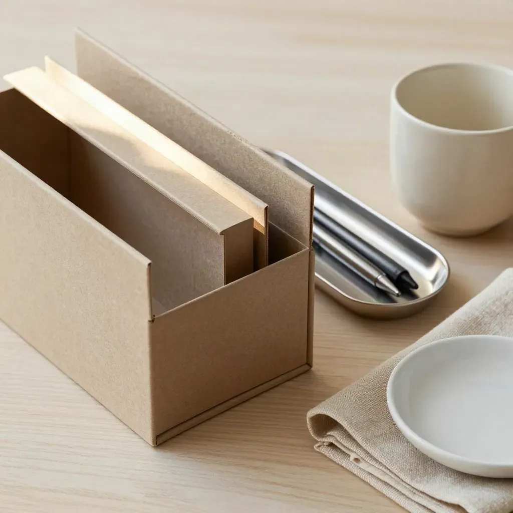 Top-down still life of an archive box, pen tray and ceramic cup on pale wood.